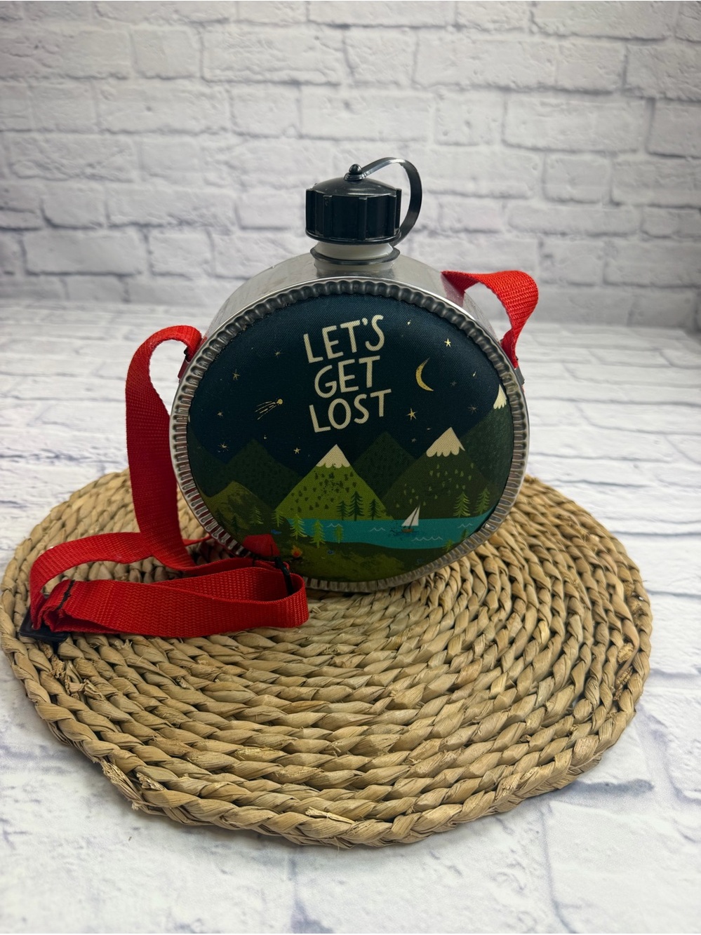 NATURAL LIFE 'Let's Get Lost' Vintage-Style Round Canteen w/Adjustable Red Strap